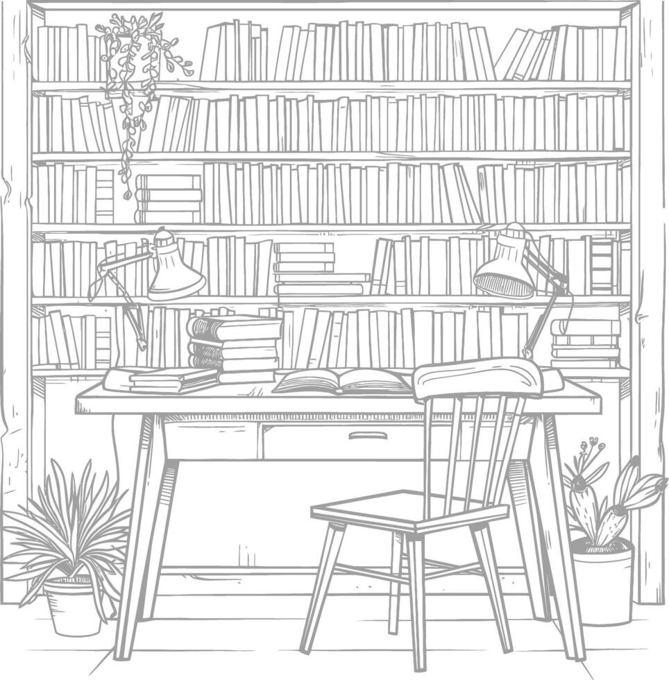 AI generated Outline Illustration for The study room has bookshelves and many book in there vector