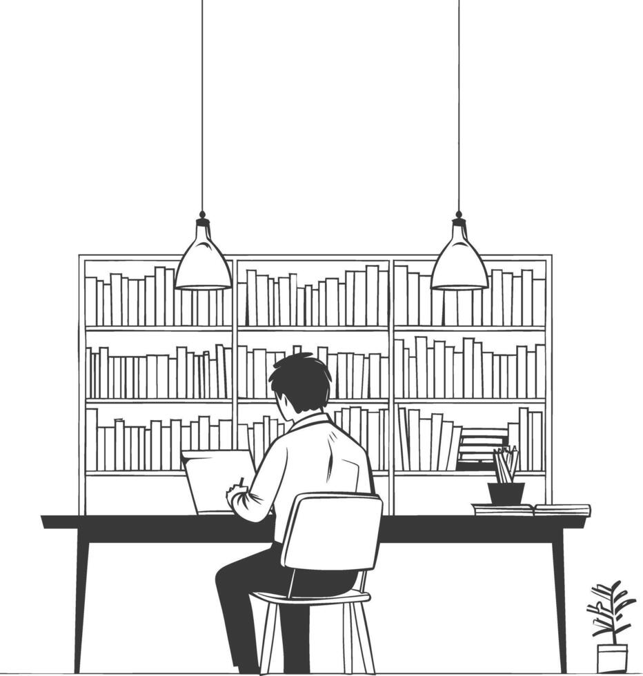 AI generated Outline Illustration for The study room has bookshelves and many book in there vector
