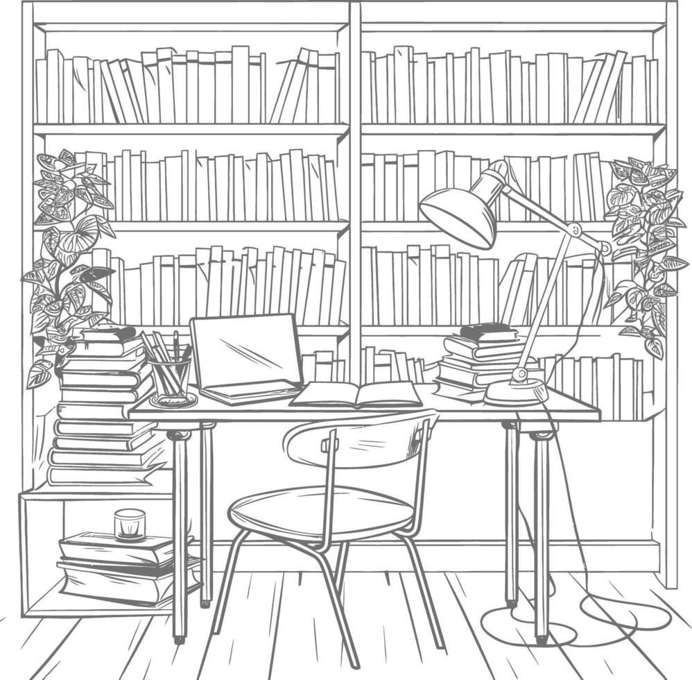 AI generated Outline Illustration for The study room has bookshelves and many book in there vector