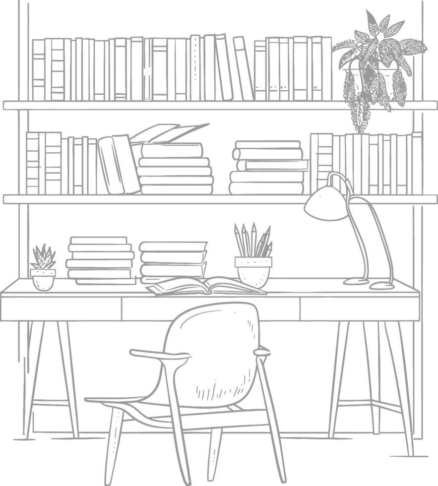 ai generado contorno ilustración para el estudiar habitación tiene estantería y muchos libro en allí vector