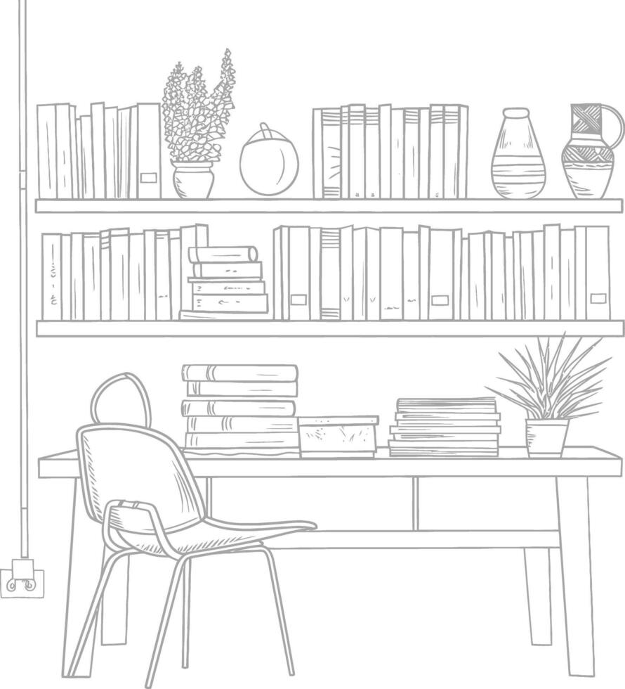 ai generado contorno ilustración para el estudiar habitación tiene estantería y muchos libro en allí vector