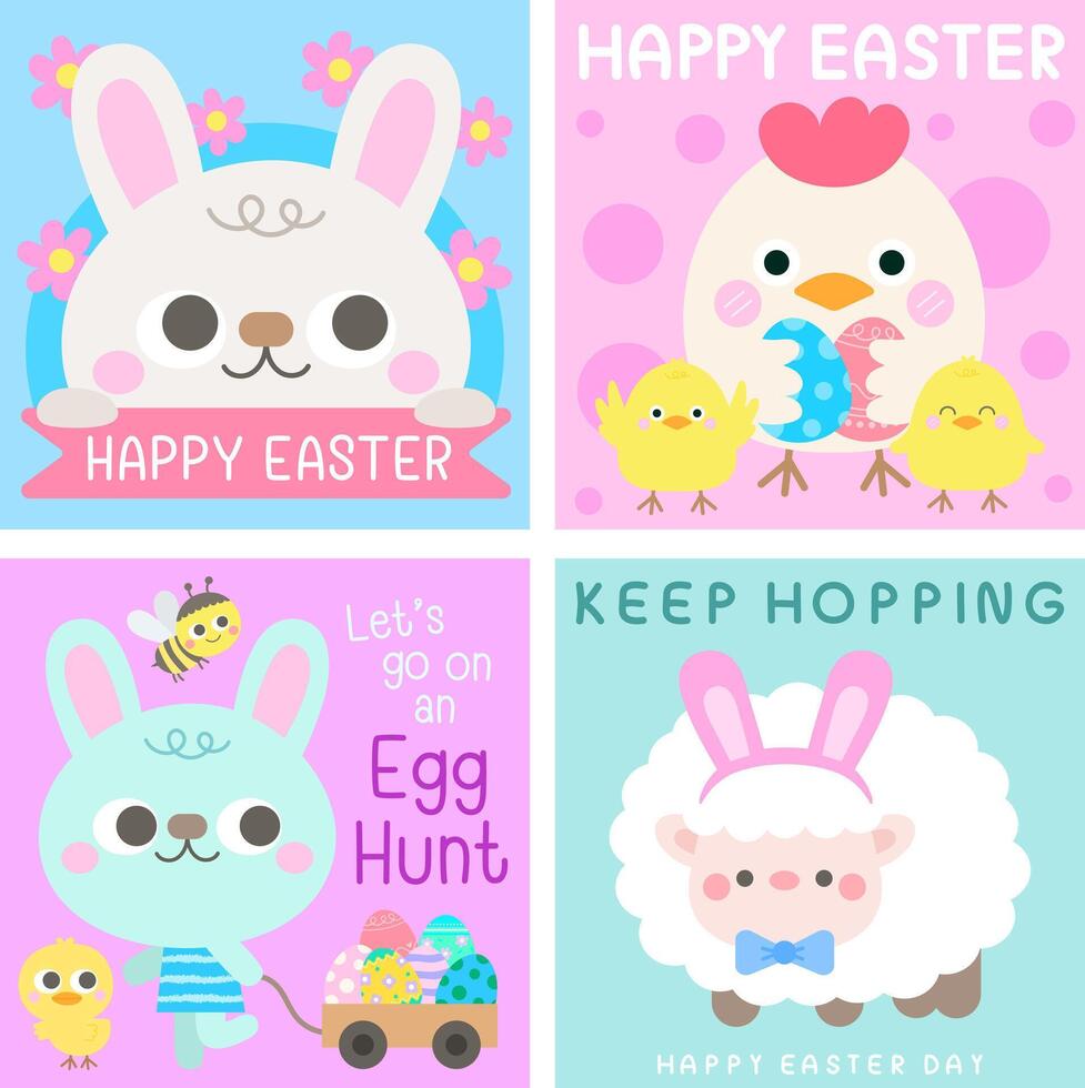 contento primavera Pascua de Resurrección huevo cazar póster bandera saludo tarjeta invitación con linda pastel en dibujos animados estilo vector ilustración