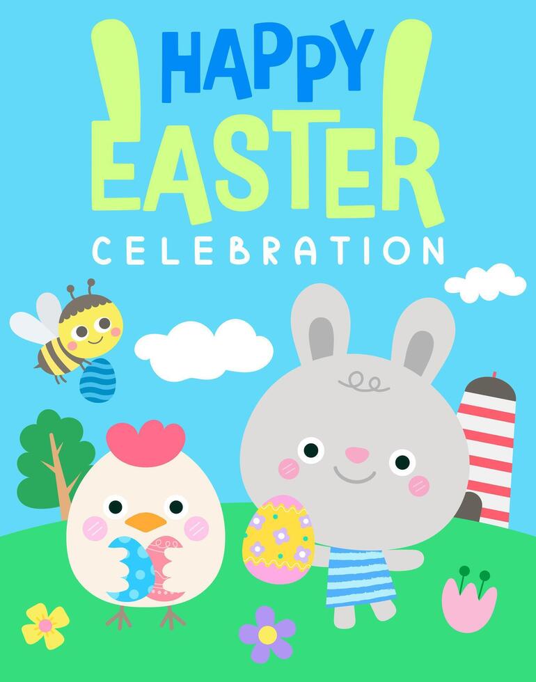 Happy Easter creative poster collection Set of easter greeting card with cute illustrations in cartoon style Egg hunt event invitation template Ideal for flyer postcard promo Vector illustration