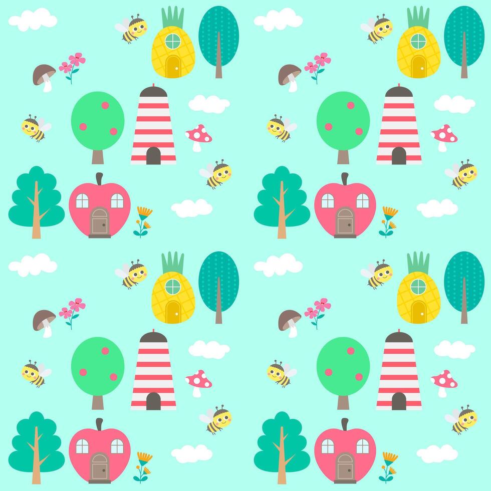 Hello spring village kids pattern cute bee hand drawn background vector illustration