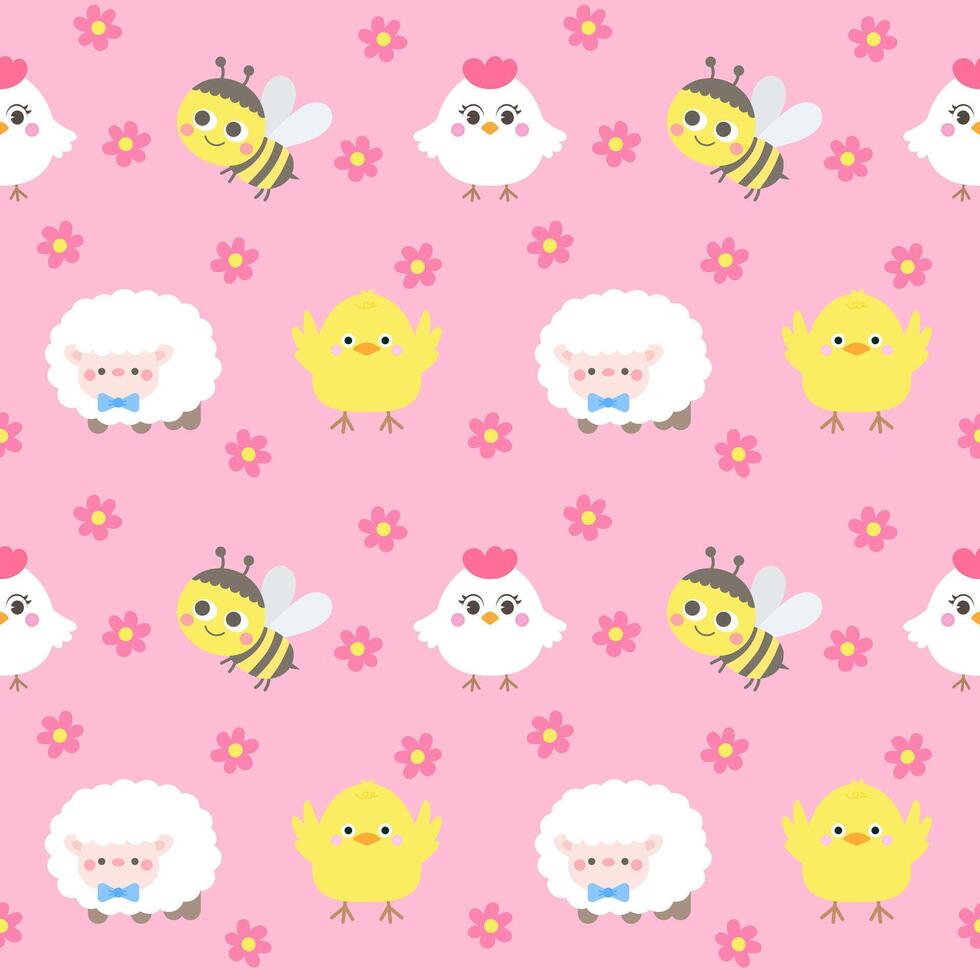 Hello spring animals seamless pattern cute sheep chick bee floral hand drawn background vector illustration