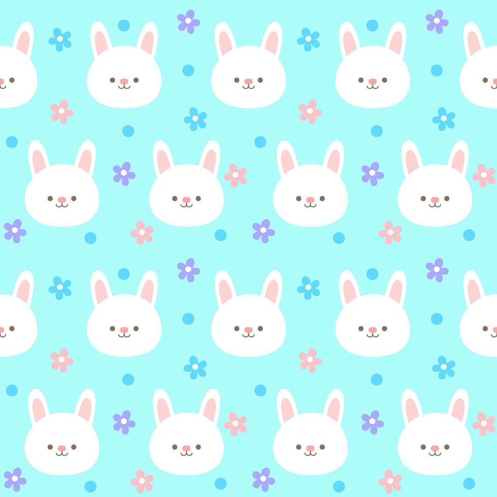 seamless kids pattern cute hand drawn bunny face in the garden light blue background vector illustration