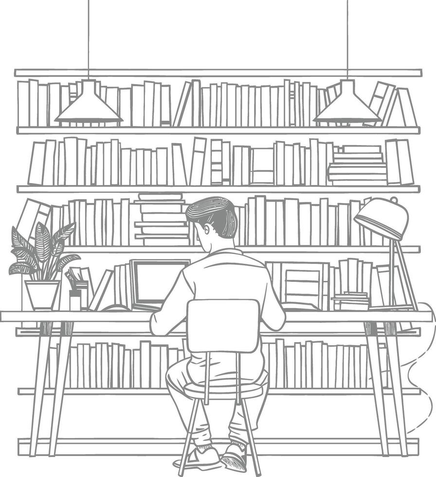 AI generated Outline Illustration for The study room has bookshelves and many book in there vector