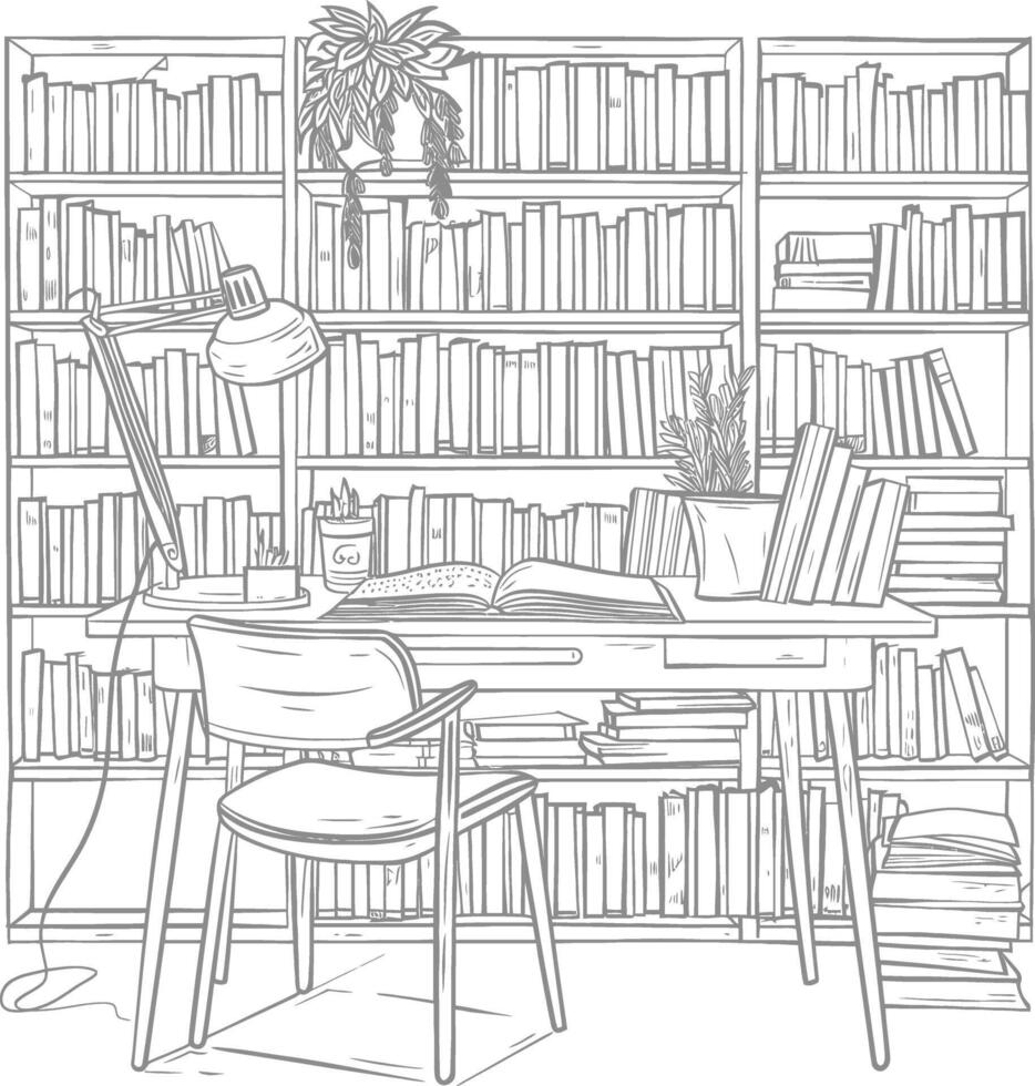 AI generated Outline Illustration for The study room has bookshelves and many book in there vector