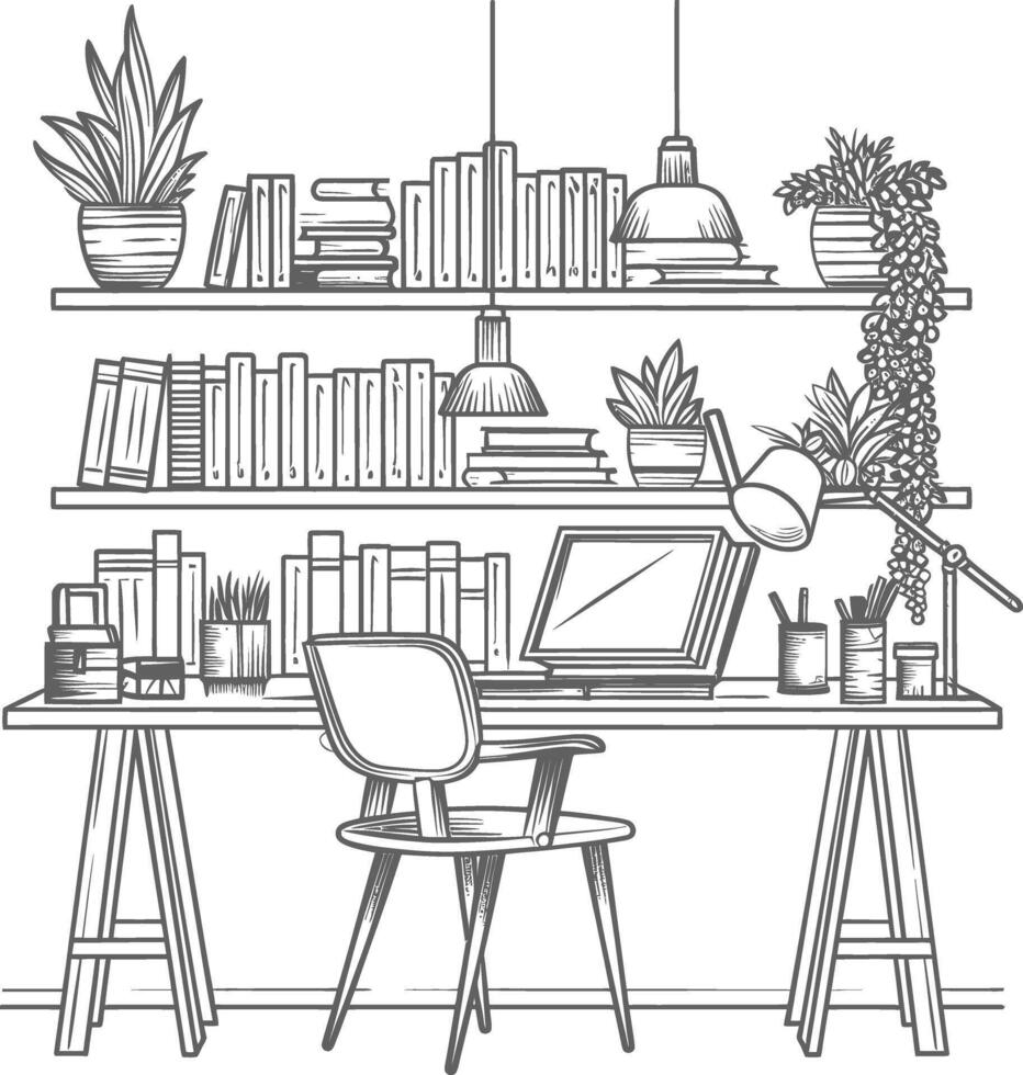 ai generado contorno ilustración para el estudiar habitación tiene estantería y muchos libro en allí vector