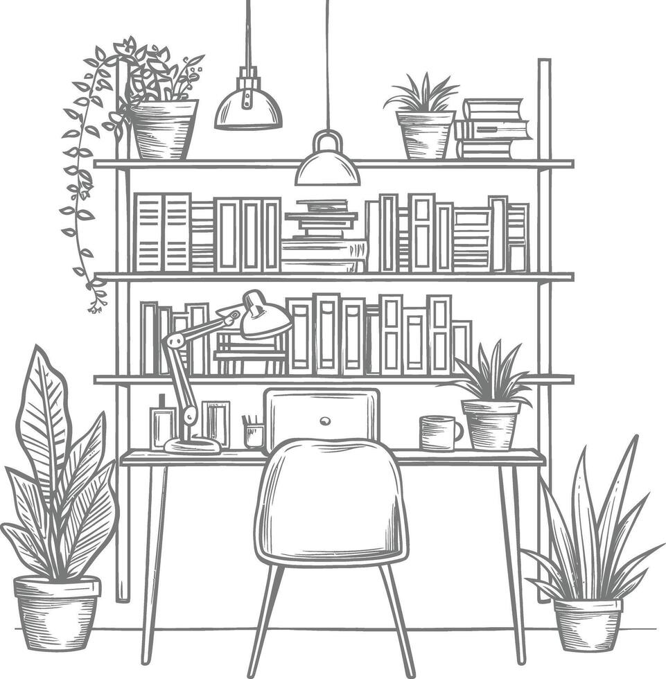 AI generated Outline Illustration for The study room has bookshelves and many book in there vector