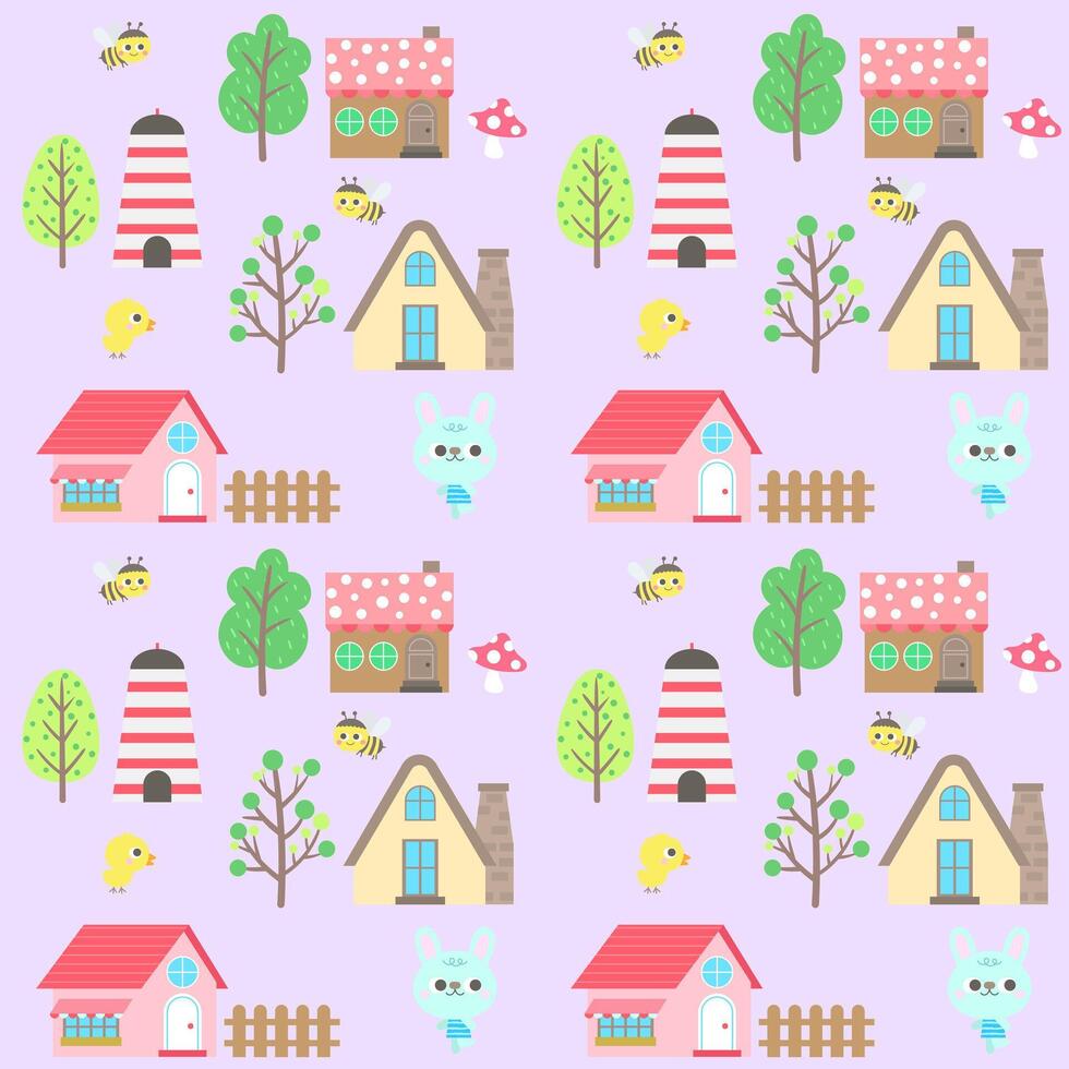 Hello spring easter in a village kids pattern cute rabbit chick bee hand drawn background vector illustration