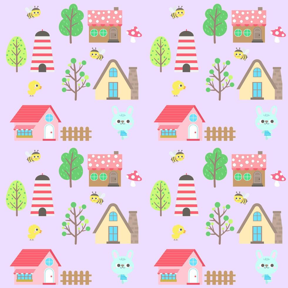 Hello spring easter in a village kids pattern cute rabbit chick bee hand drawn background vector illustration