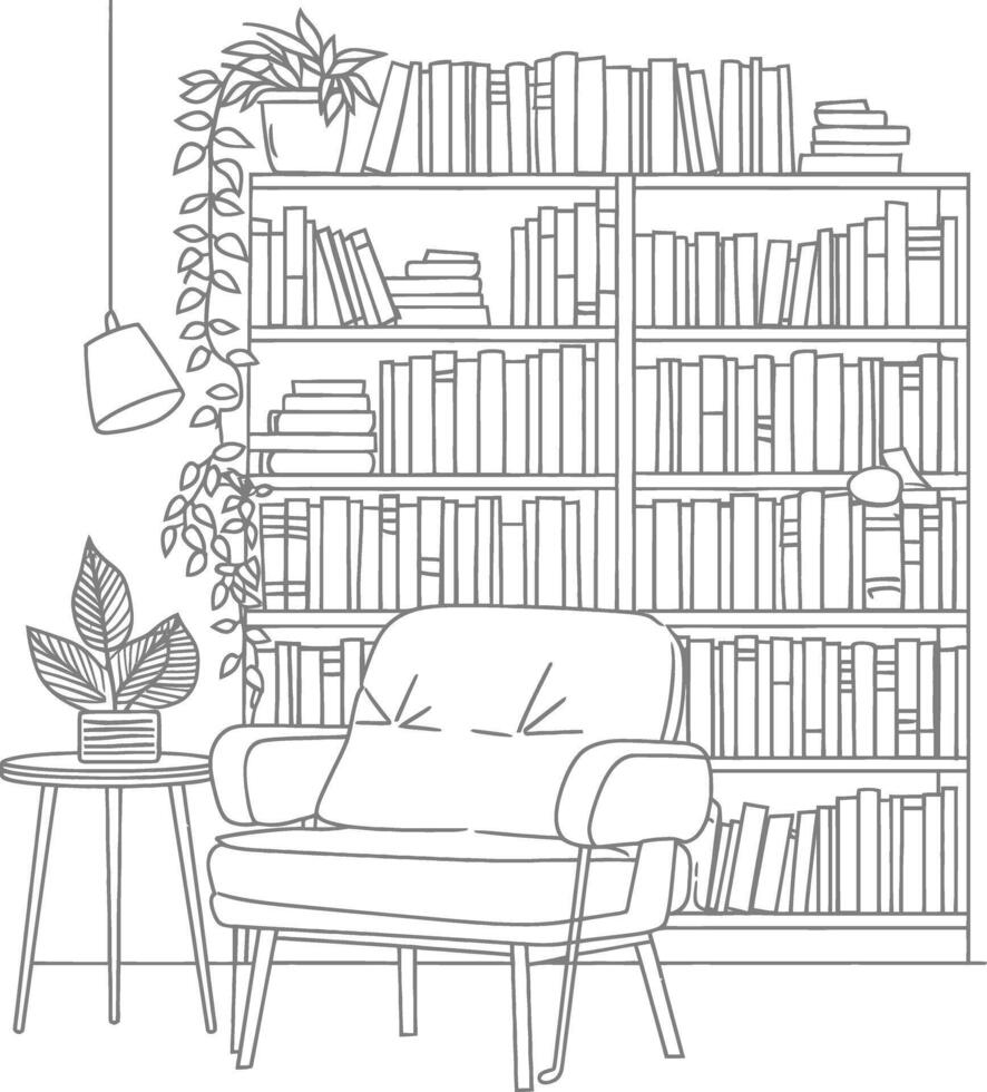 AI generated Outline Illustration for The study room has bookshelves and many book in there vector