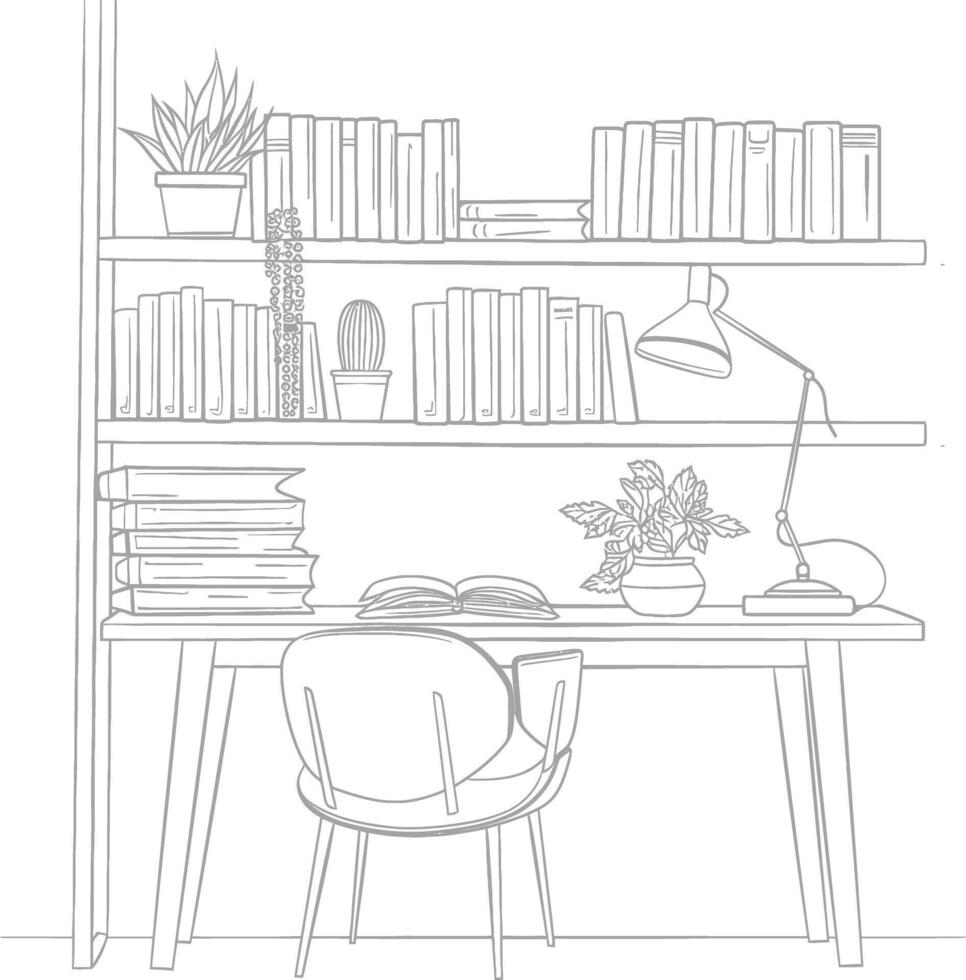 ai generado contorno ilustración para el estudiar habitación tiene estantería y muchos libro en allí vector