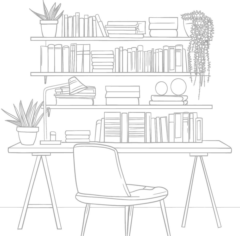 ai generado contorno ilustración para el estudiar habitación tiene estantería y muchos libro en allí vector