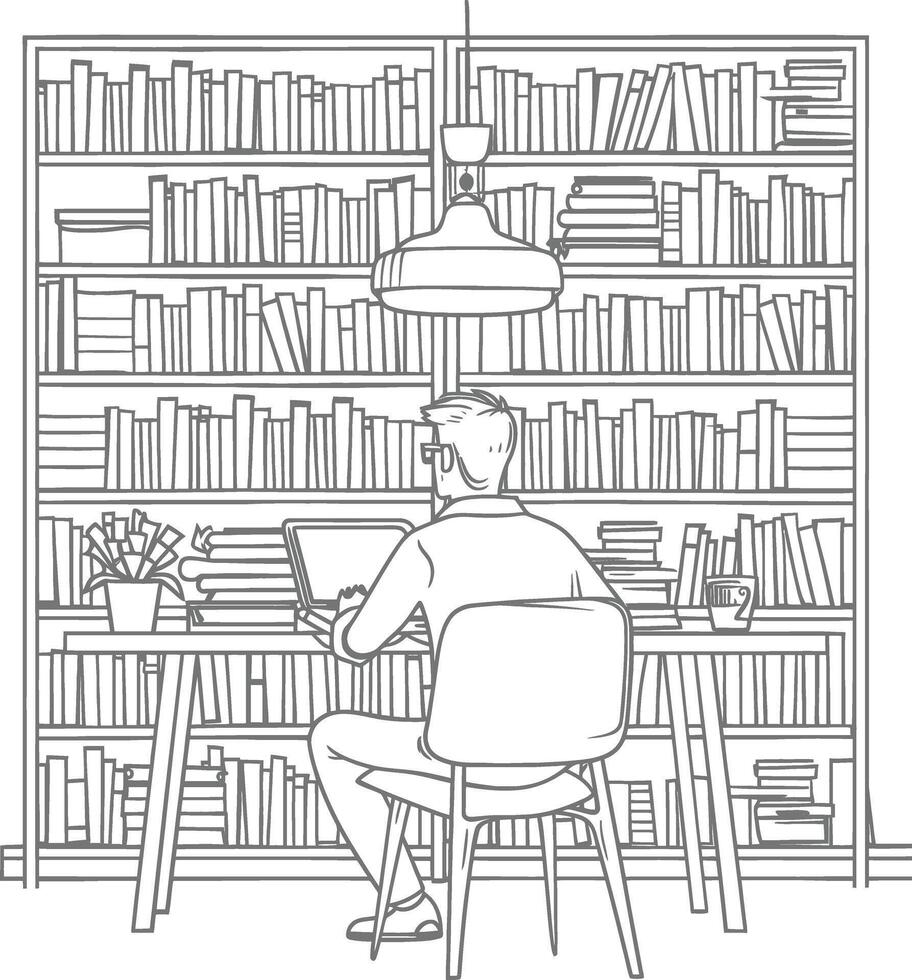 AI generated Outline Illustration for The study room has bookshelves and many book in there vector