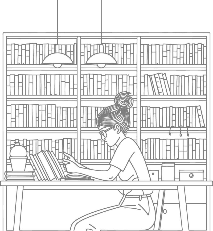 AI generated Outline Illustration for The study room has bookshelves and many book in there vector