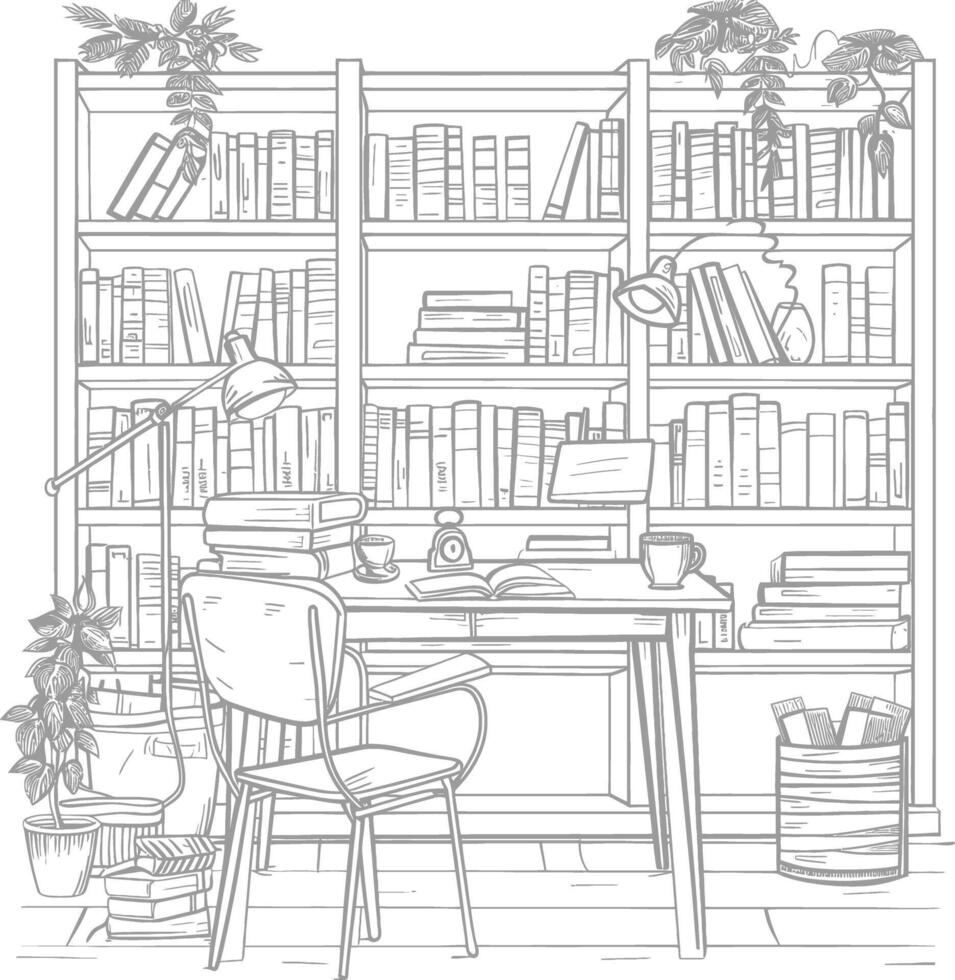 AI generated Outline Illustration for The study room has bookshelves and many book in there vector