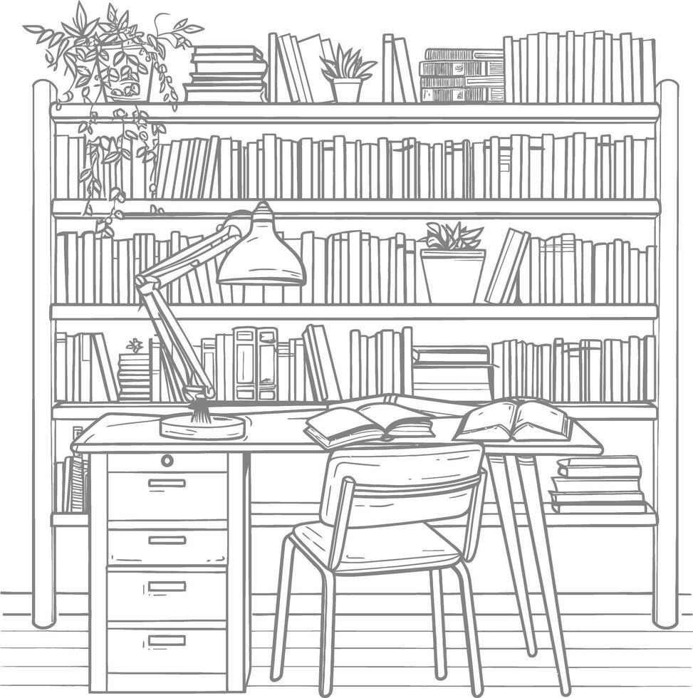 AI generated Outline Illustration for The study room has bookshelves and many book in there vector