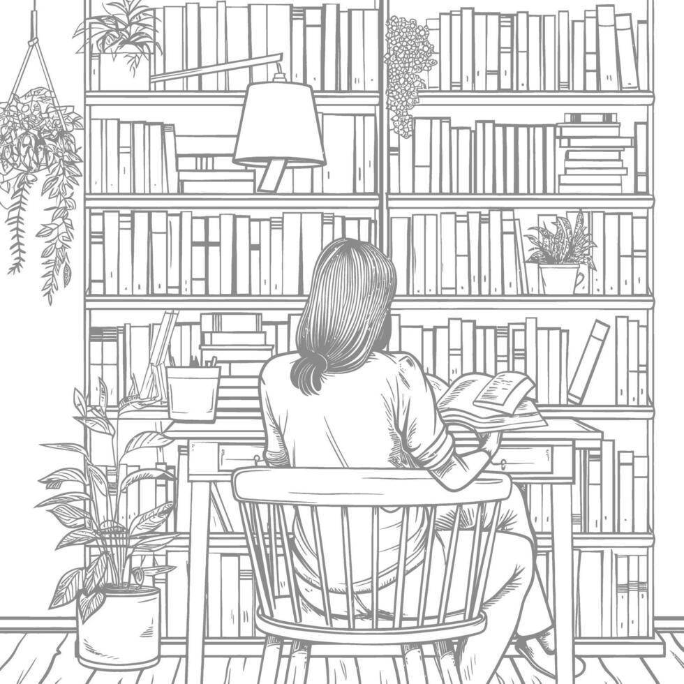 AI generated Outline Illustration for The study room has bookshelves and many book in there vector