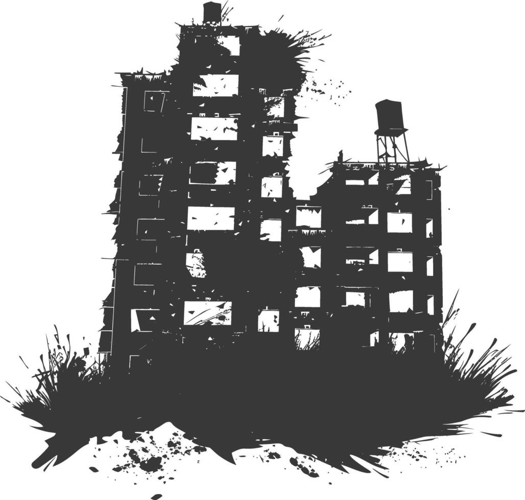 AI generated silhouette abandoned buildings black color only vector