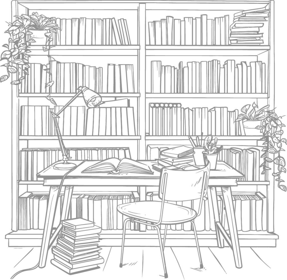 AI generated Outline Illustration for The study room has bookshelves and many book in there vector
