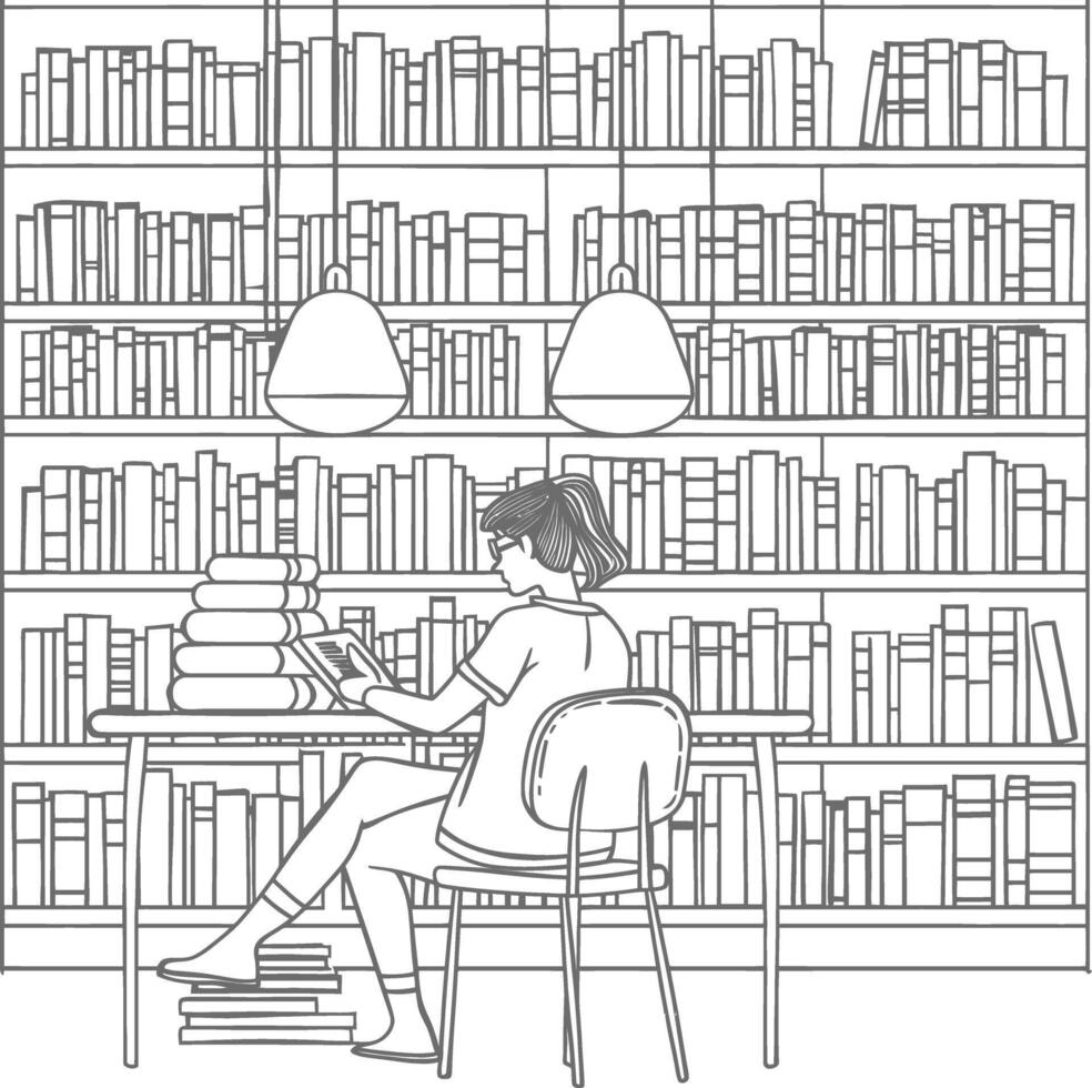 AI generated Outline Illustration for The study room has bookshelves and many book in there vector