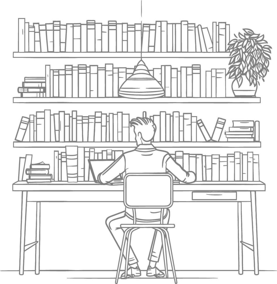 AI generated Outline Illustration for The study room has bookshelves and many book in there vector