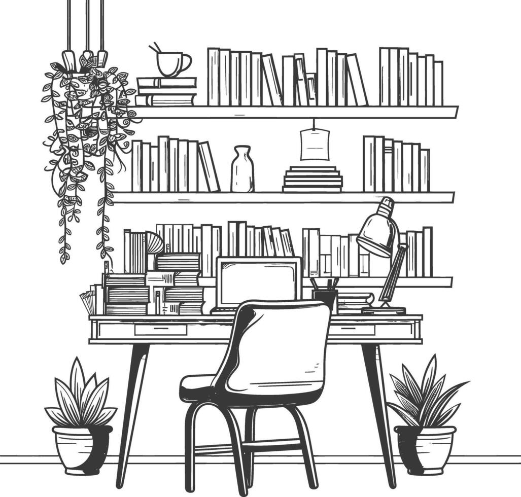 AI generated Outline Illustration for The study room has bookshelves and many book in there vector