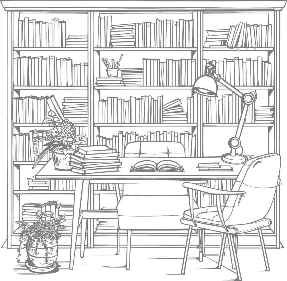 AI generated Outline Illustration for The study room has bookshelves and many book in there vector