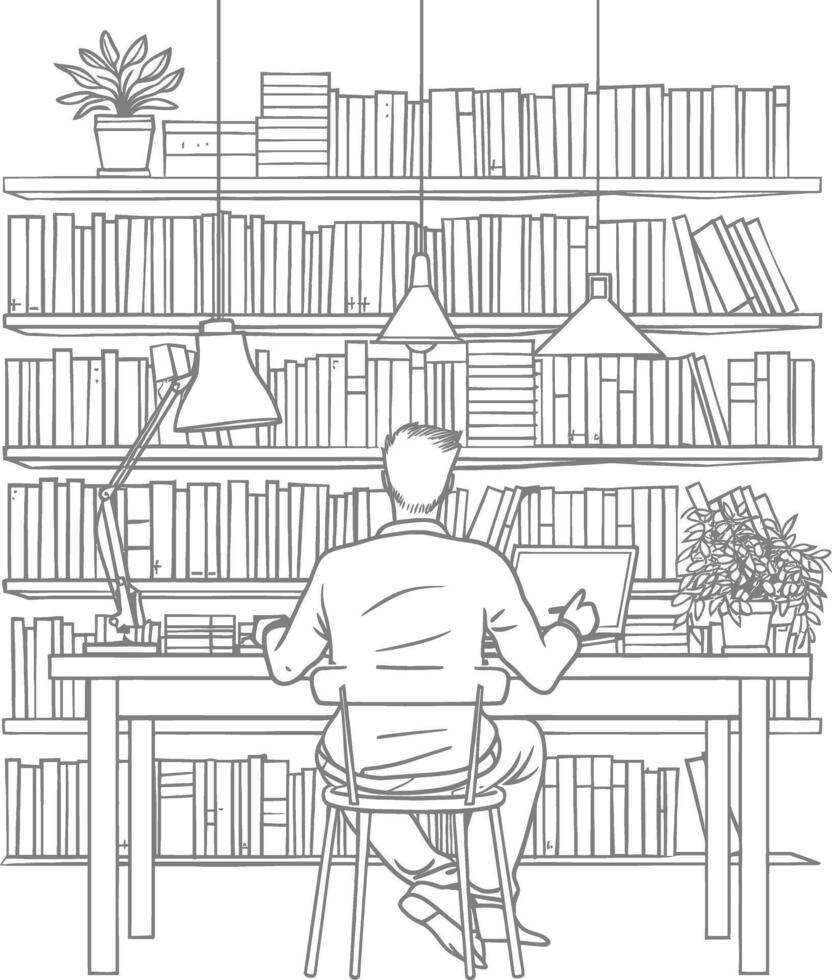 AI generated Outline Illustration for The study room has bookshelves and many book in there vector