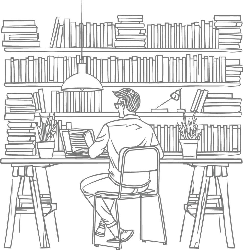 AI generated Outline Illustration for The study room has bookshelves and many book in there vector