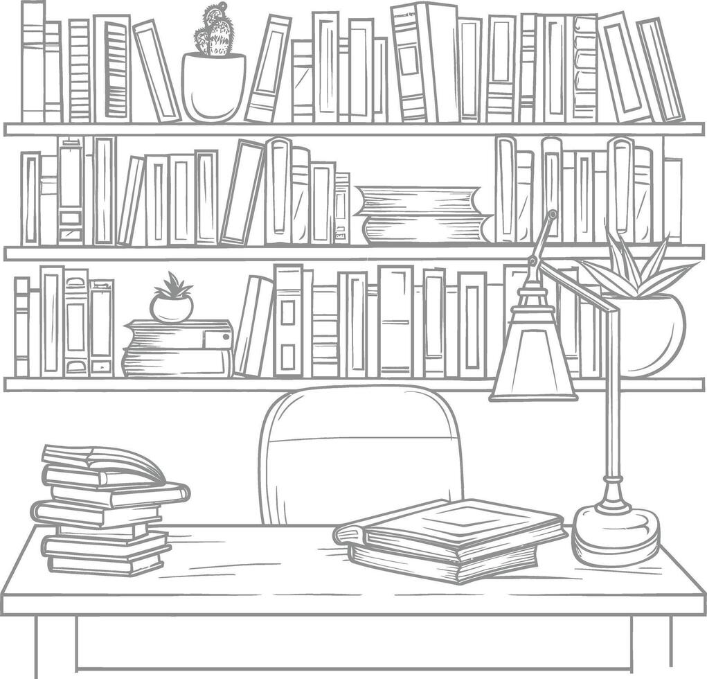 AI generated Outline Illustration for The study room has bookshelves and many book in there vector