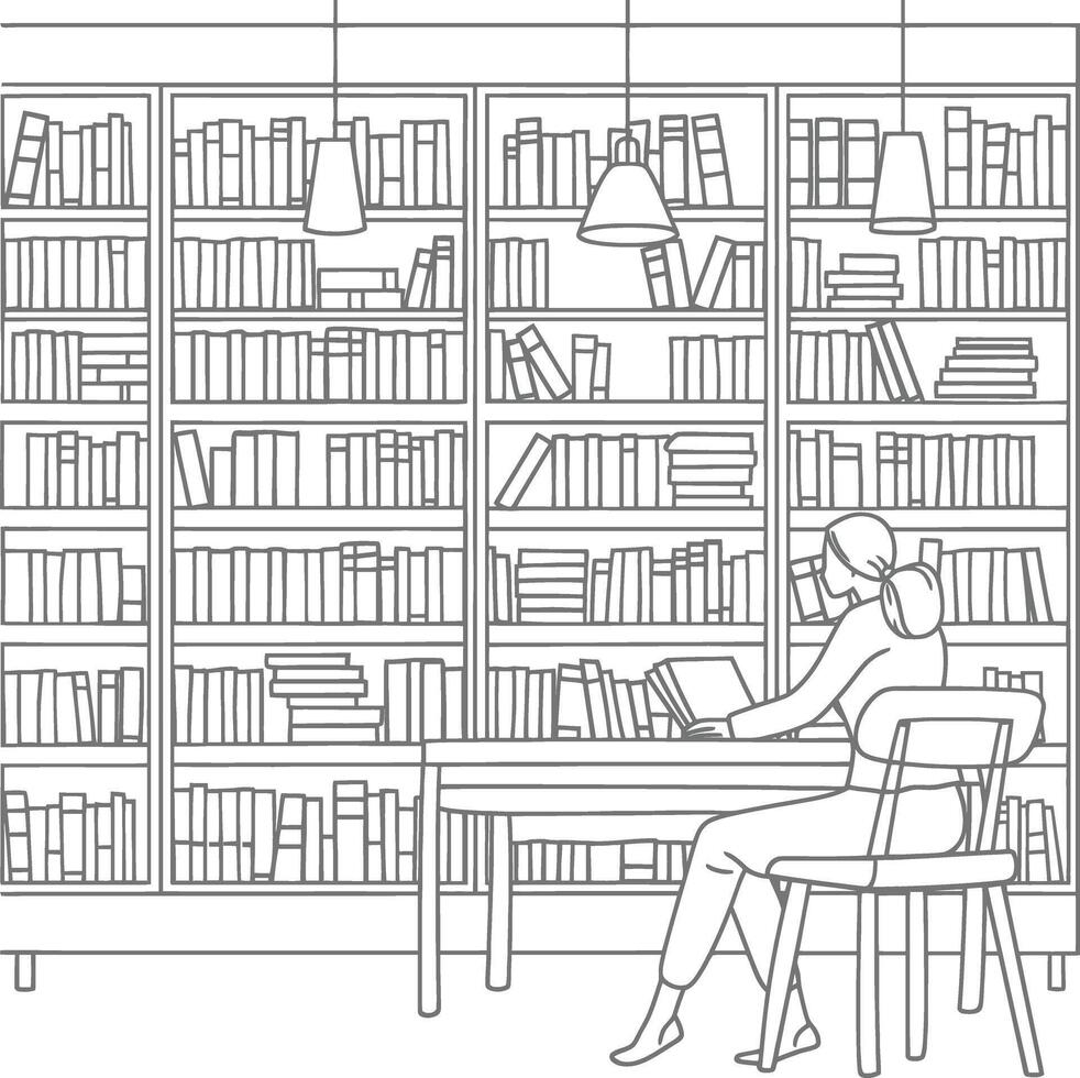 AI generated Outline Illustration for The study room has bookshelves and many book in there vector