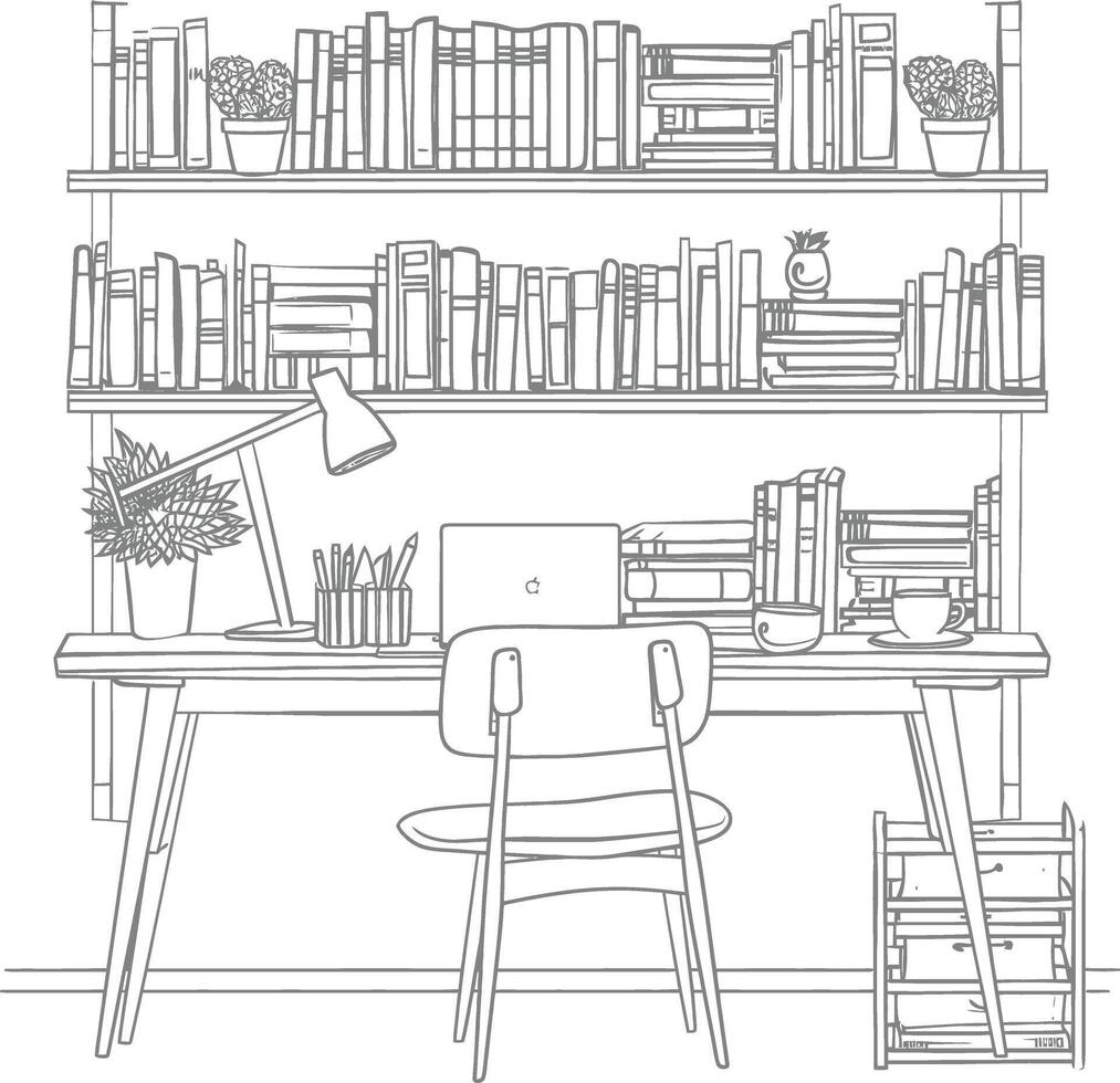 AI generated Outline Illustration for The study room has bookshelves and many book in there vector