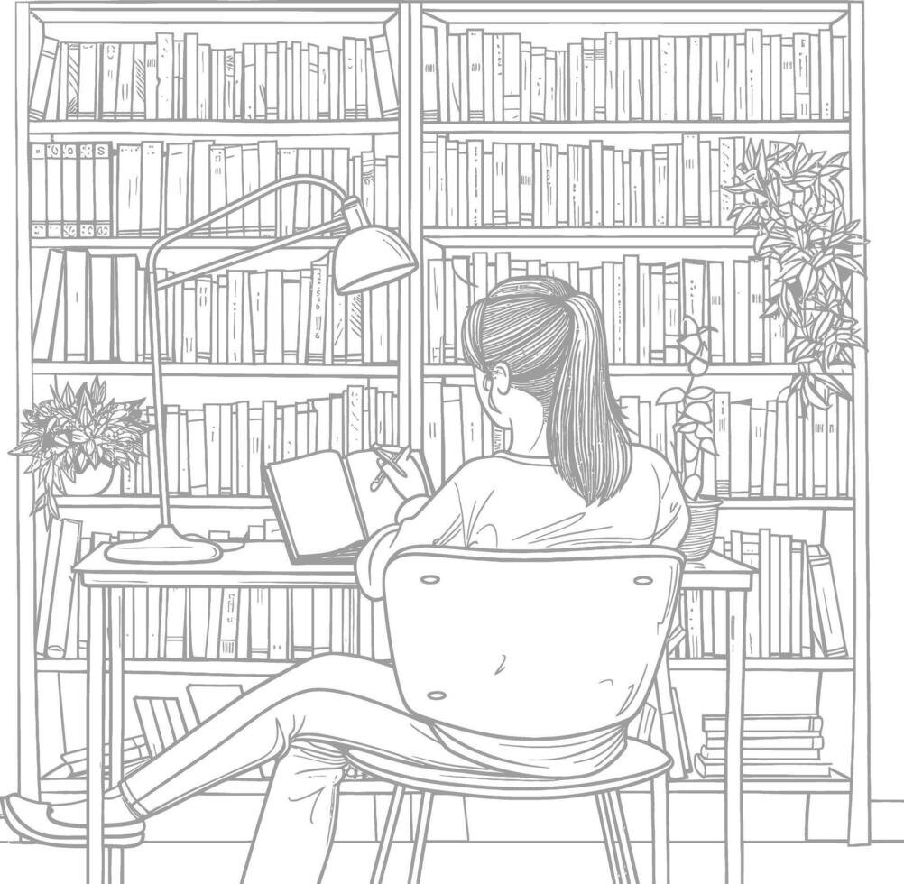 AI generated Outline Illustration for The study room has bookshelves and many book in there vector