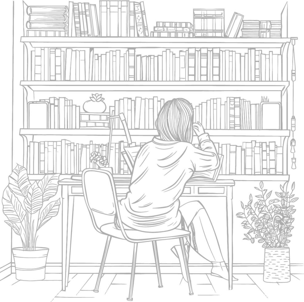 AI generated Outline Illustration for The study room has bookshelves and many book in there vector