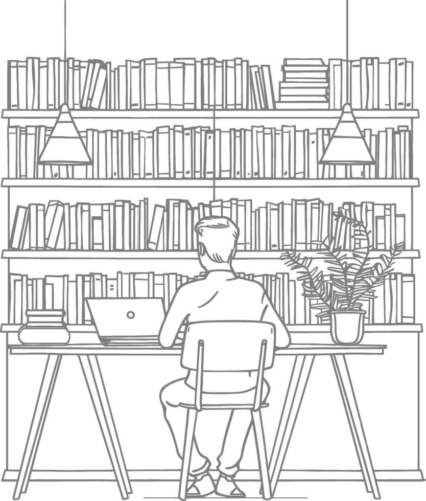 AI generated Outline Illustration for The study room has bookshelves and many book in there vector
