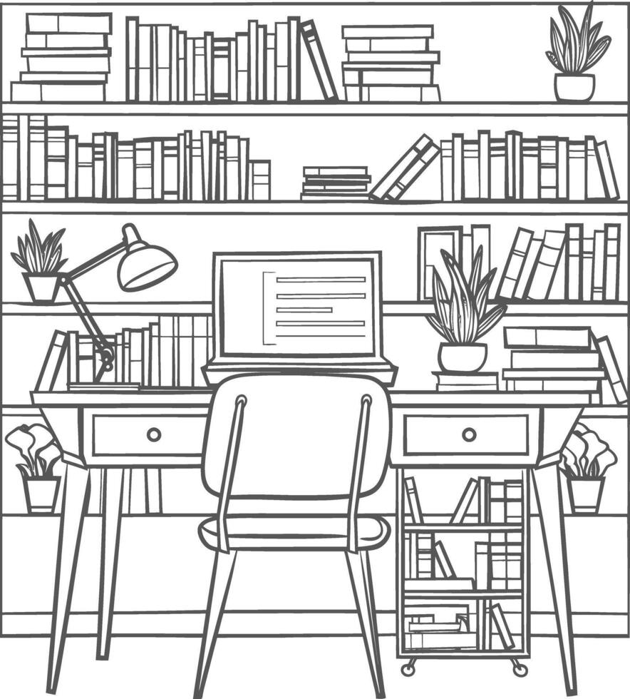 ai generado contorno ilustración para el estudiar habitación tiene estantería y muchos libro en allí vector