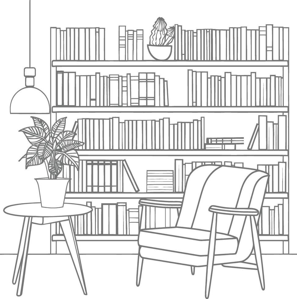 ai generado contorno ilustración para el estudiar habitación tiene estantería y muchos libro en allí vector