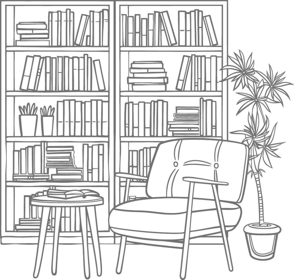 ai generado contorno ilustración para el estudiar habitación tiene estantería y muchos libro en allí vector