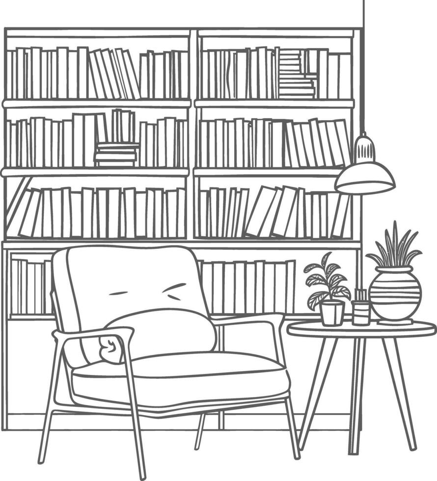 ai generado contorno ilustración para el estudiar habitación tiene estantería y muchos libro en allí vector