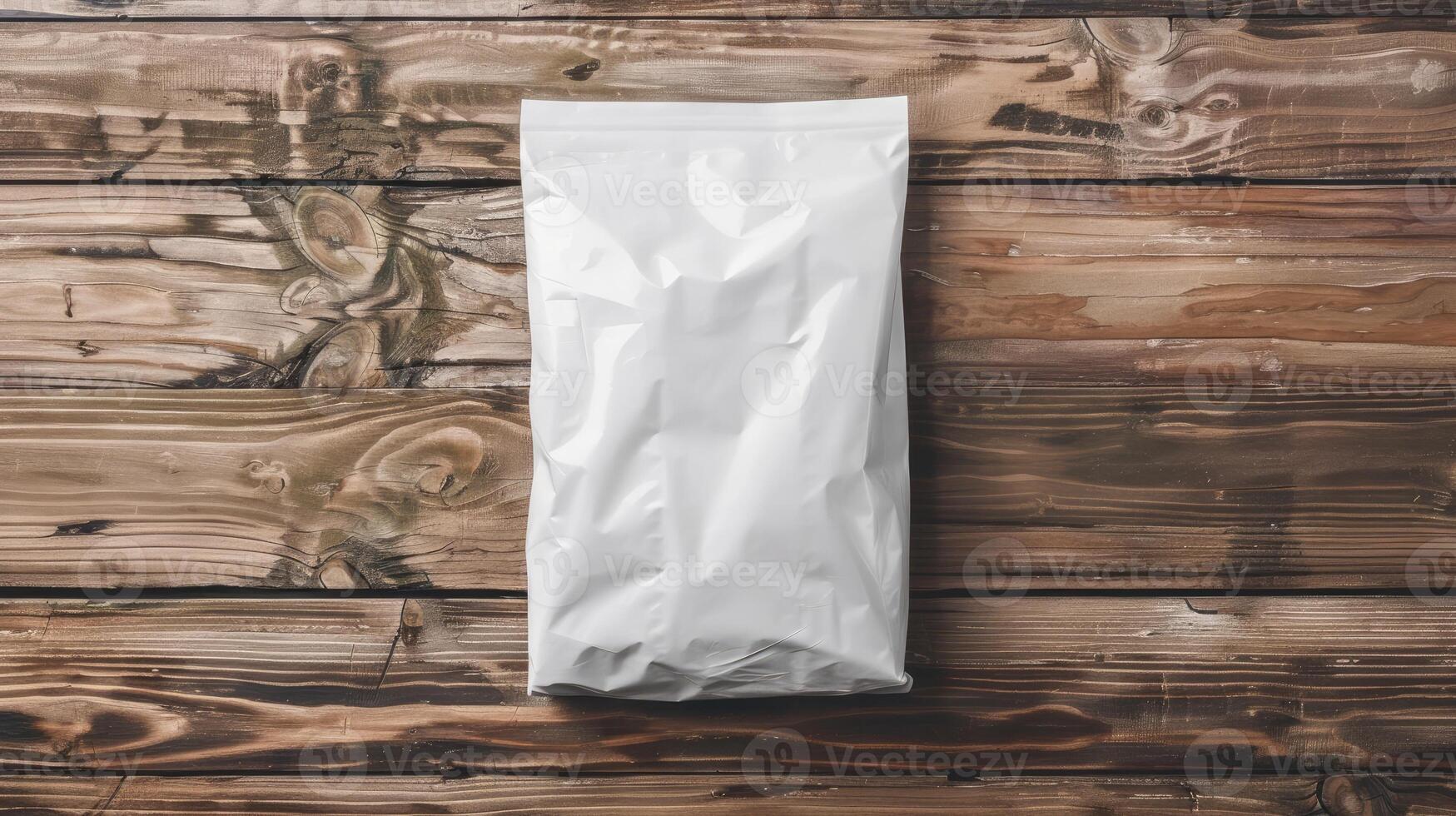 AI generated white packaging bag mockup, on a wooden table photo