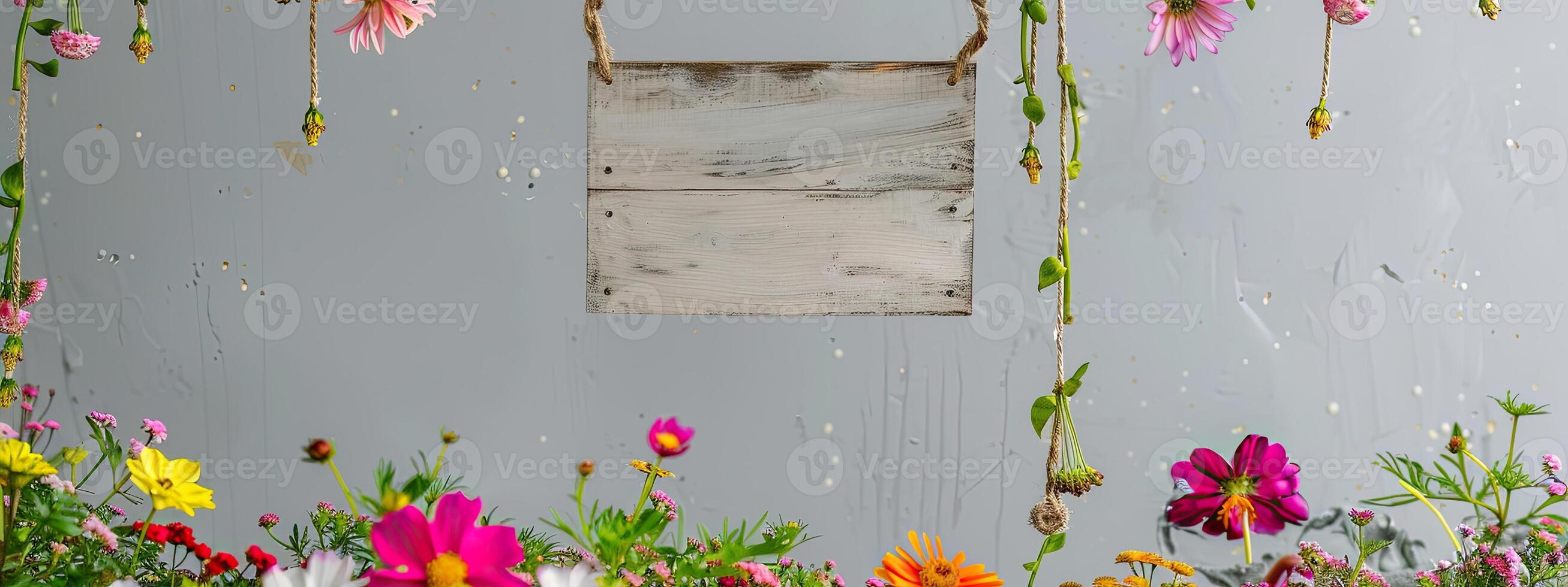 AI generated A handmade wooden sign hung by vine ropes and surrounded by colorful flowers photo