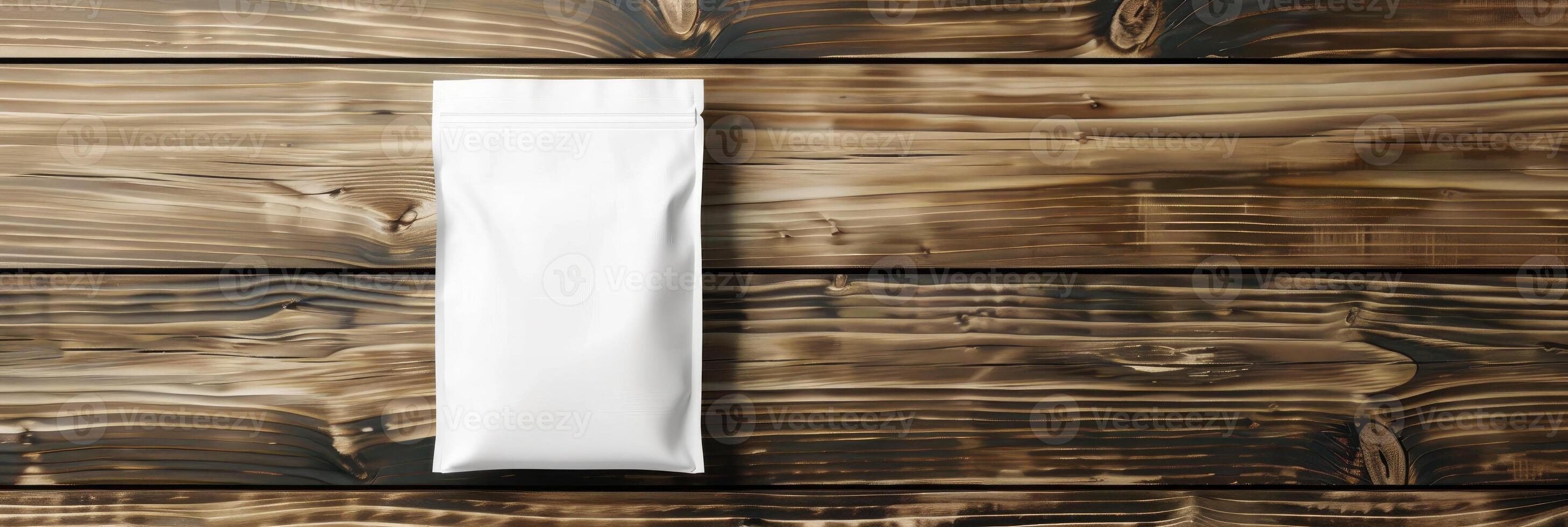 AI generated white packaging bag mockup, on a wooden table photo