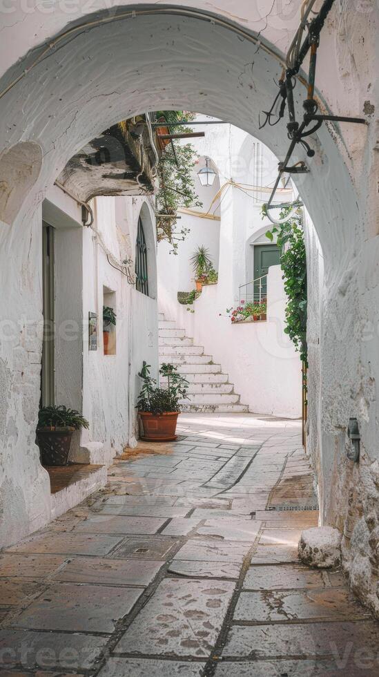 ai generado el Entrada de un blanco pueblo en Italia foto