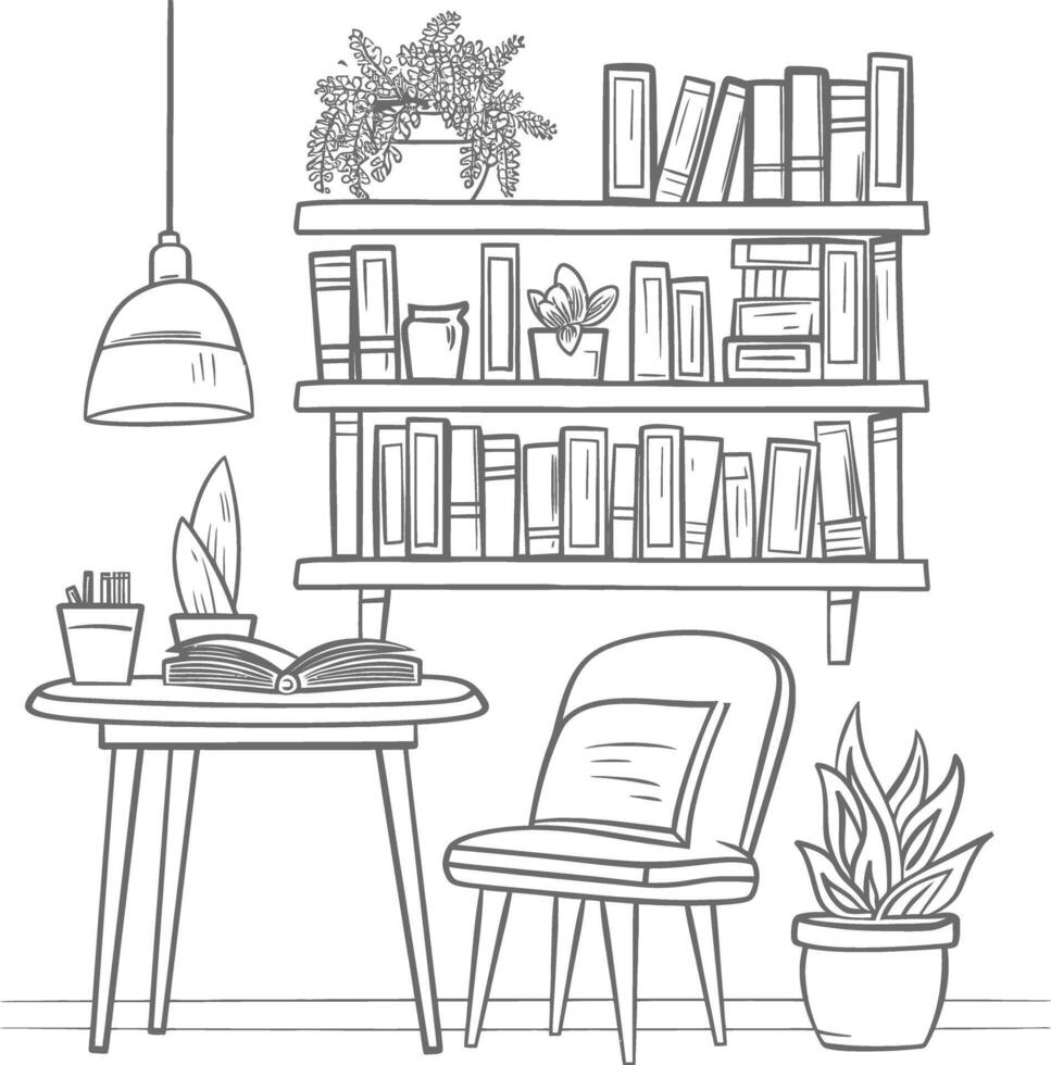 ai generado contorno ilustración para el estudiar habitación tiene estantería y muchos libro en allí vector