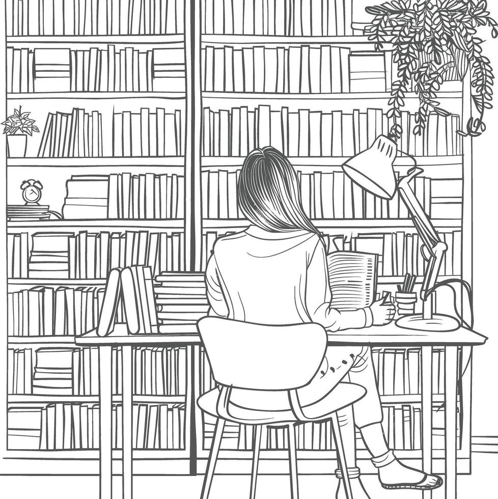 AI generated Outline Illustration for The study room has bookshelves and many book in there vector