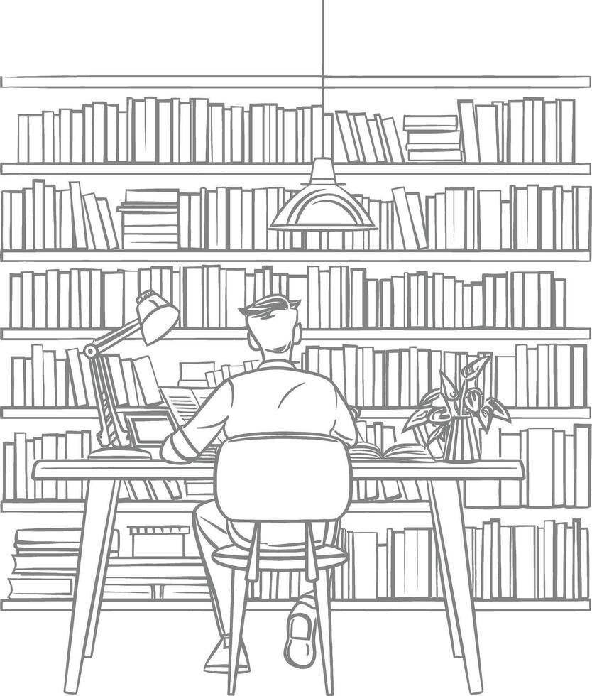 AI generated Outline Illustration for The study room has bookshelves and many book in there vector