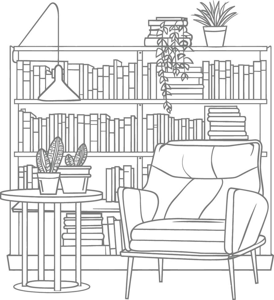 AI generated Outline Illustration for The study room has bookshelves and many book in there vector